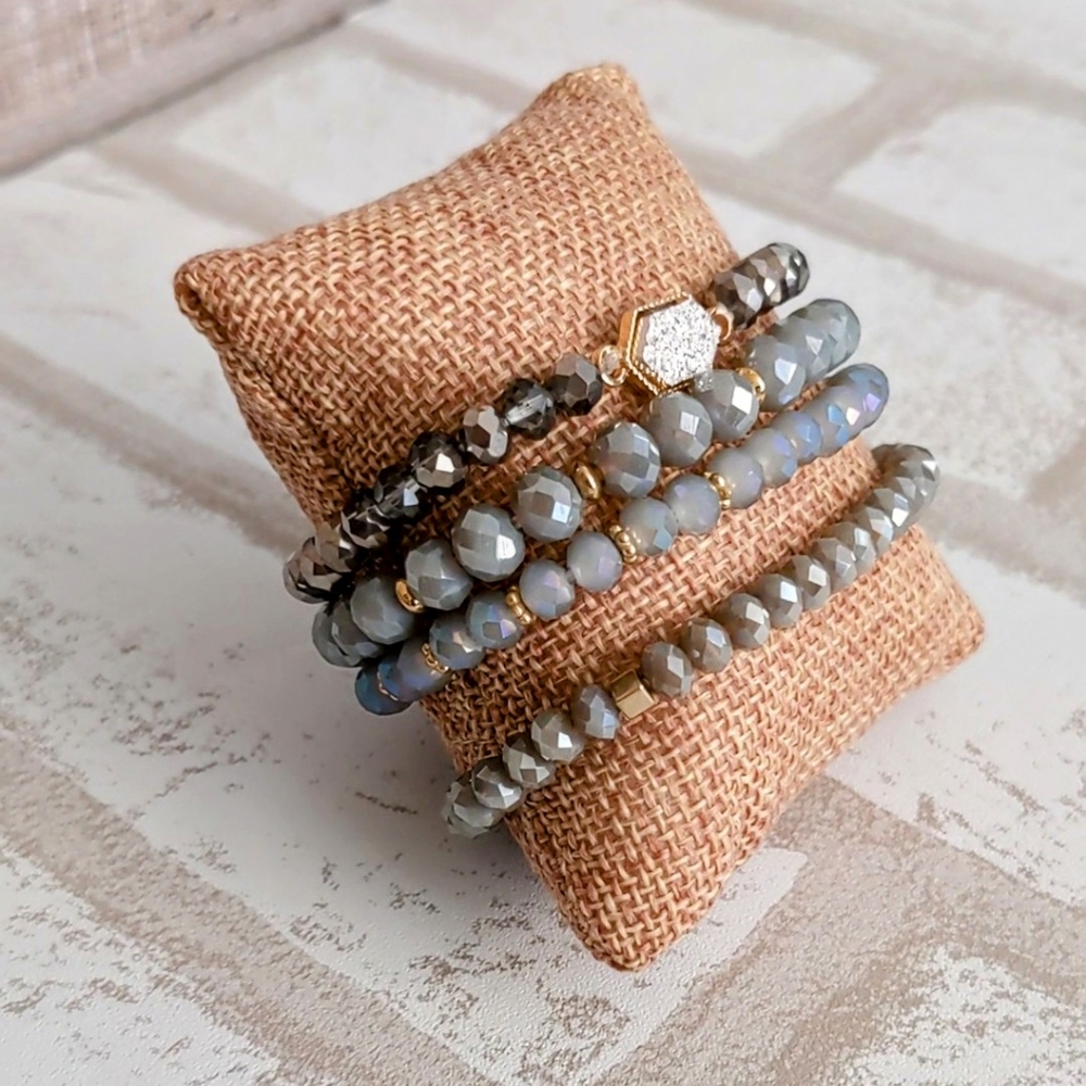 Silver & Gray Crystal Beaded Boho Bracelets Multi Layer Stretch Natural Gemstone - Picture 2 of 12